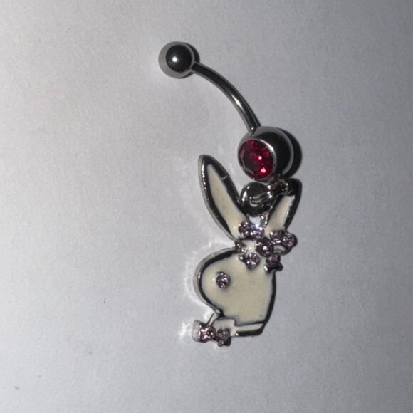 Hot Pink and white Play boy-looking Bunny Dangle Belly Ring - Picture 3 of 9